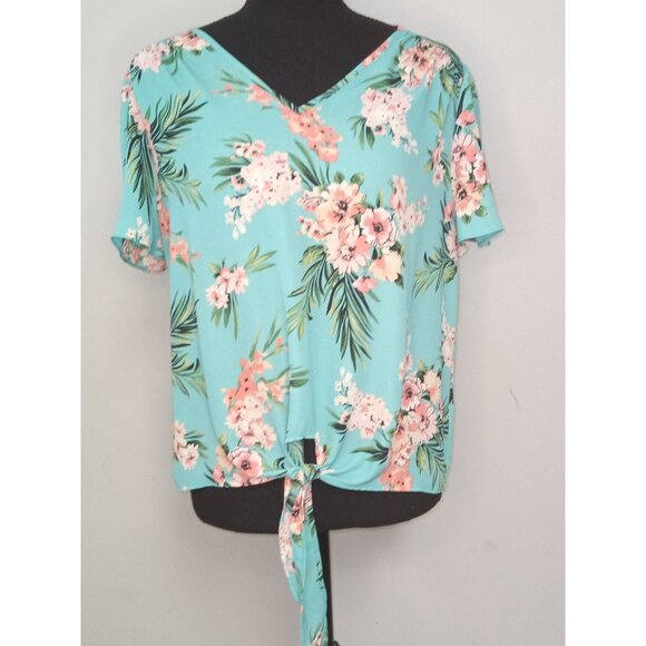Tops - Women's Tropical Floral Blue Pink Blouse Size Medium